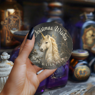 Sticker Rond Forêt Enchantée Licorne Corne d'Or Fantastique