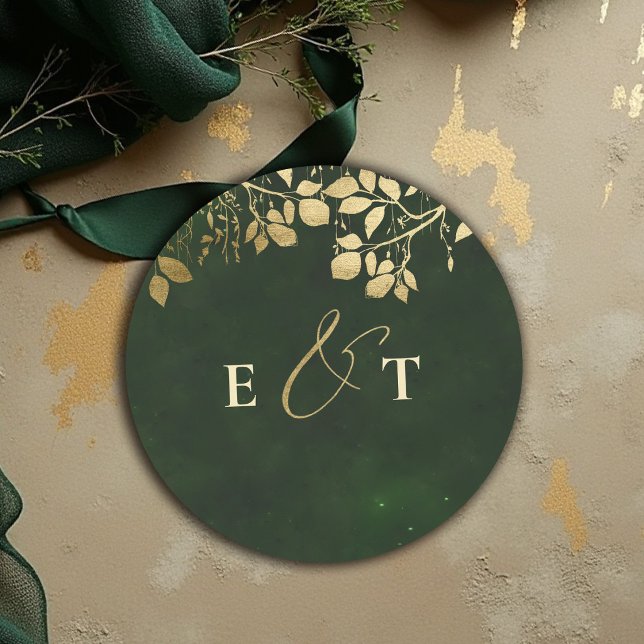 Sticker Rond Forêt Enchantée Or Feuillage Vert Chasseur Mariage (enchanted forest wedding theme initials sticker hunter green gold foliage elegant modern classic)