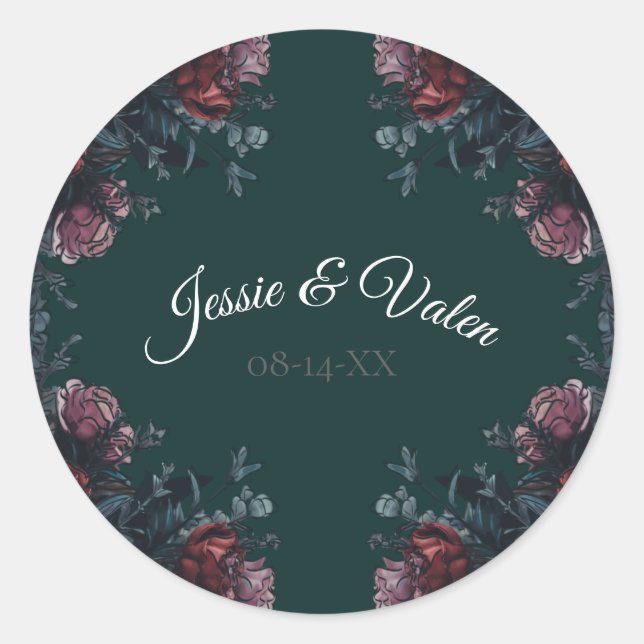 Sticker Rond Forêt foncée Vert Élégant Mariage Maroon Mauve (Devant)