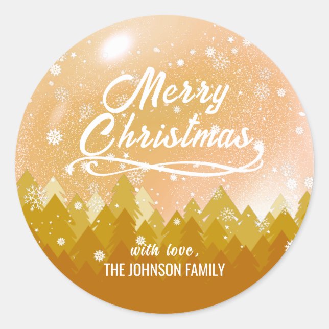 Sticker Rond Forêt paisible de neige dorée de Noël joyeux (Devant)