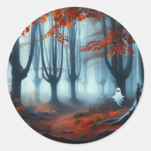 Sticker Rond Forêts éffrayantes d'automne avec un fantôme