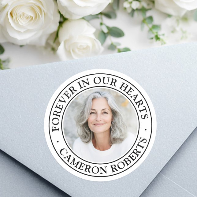 Sticker Rond Forever in our hearts white border photo memorial (Forever in our hearts white border photo memorial classic round sticker)