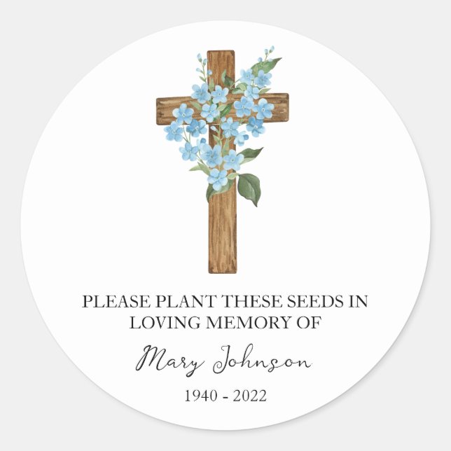 Sticker Rond Forget me not Cross Memorial Funeral Seed Packet (Devant)