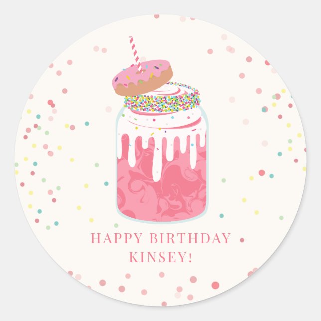 Sticker Rond Fou Milkshake Confetti Donut rose fête d'anniversa (Devant)