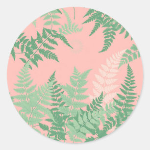 Sticker Rond Fougère feuille rose carmin botanique vert sauge M