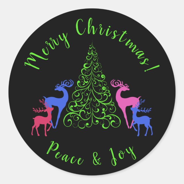 Sticker Rond Four Deer & a Merry Christmas Tree Peace & Joy (Devant)