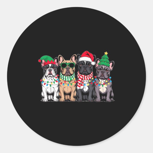 Sticker Rond Four French Bulldog Dogs Christmas Funny Santa Rei (Devant)