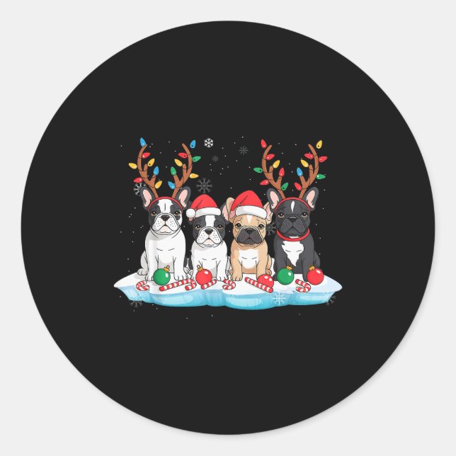 Sticker Rond Four French Bulldog Dogs Christmas Light Reindeer  (Devant)