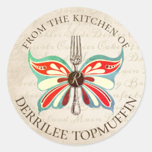 Sticker Rond Fourchette vintage de papillon de la cuisine de