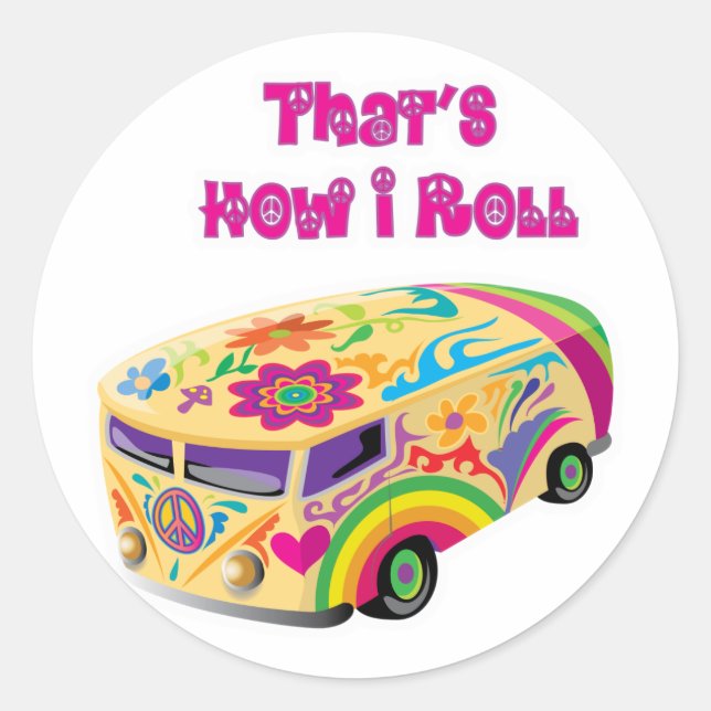 Sticker Rond fourgon hippie rétro  comment je roule (Devant)