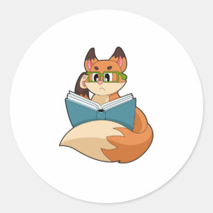 Sticker Rond Fox as nerd with Book & Glasses