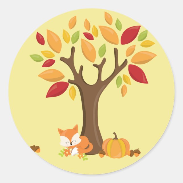 Sticker Rond Fox d'automne sous l'arbre avec le citrouille (Devant)