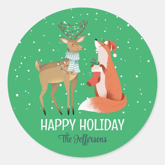 Sticker Rond Fox Deer neige hiver Vacances de Noël Animal (Devant)