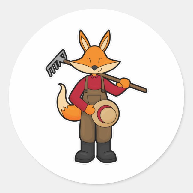Sticker Rond Fox en fermier avec Rake & Casquette (Devant)