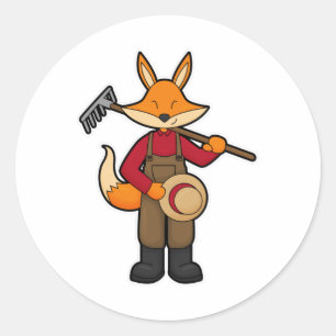 Sticker Rond Fox en fermier avec Rake & Casquette