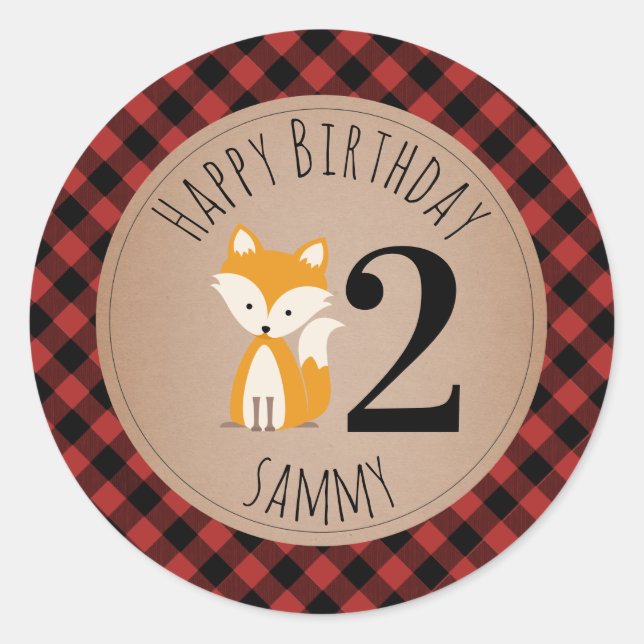 Sticker Rond Fox Lumberjack Plaid Baby Anniversaire (Devant)