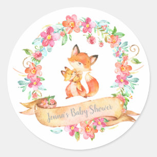 Sticker Rond Fox Maman Baby Floral Wreath Spring Douche Woodlan