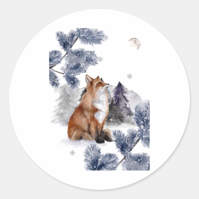 Sticker Rond Fox voit la lune en hiver (Devant)