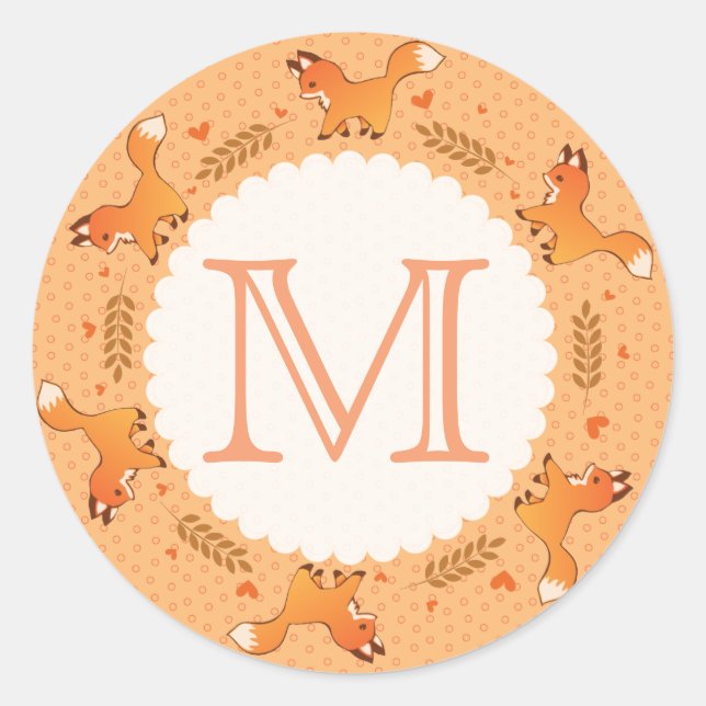 Sticker Rond Foxes, Laurel et Hearts Wreath avec Monogramme (Devant)