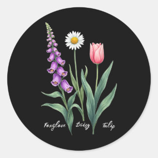 Sticker Rond Foxglove Daisy Tulip Flower Design Floral Girl Mom