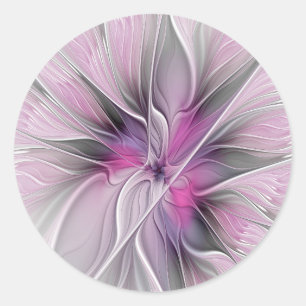 Sticker Rond Fractal Floral Moderne Abstrait Fleur Rose Gris