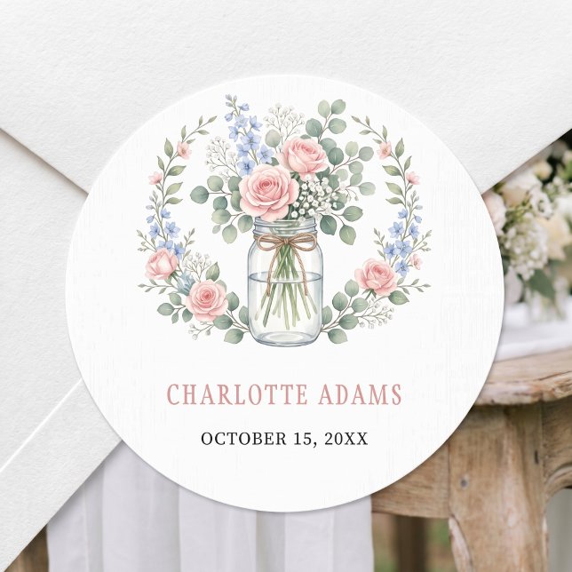 Sticker Rond Fraîchement arrivée sur le marché Mariage Pot Maso (Fresh Off The Market Mason Jar Bridal Shower Classic Round Sticker)