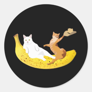 Sticker Rond Fraisage de chat sur banane tenant casquette