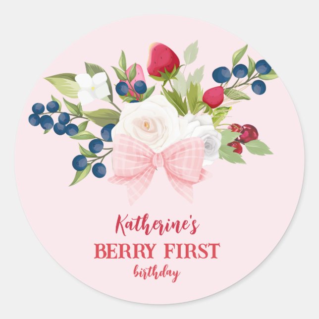 Sticker Rond Fraise 1er anniversaire Berry Sweet Pink (Devant)