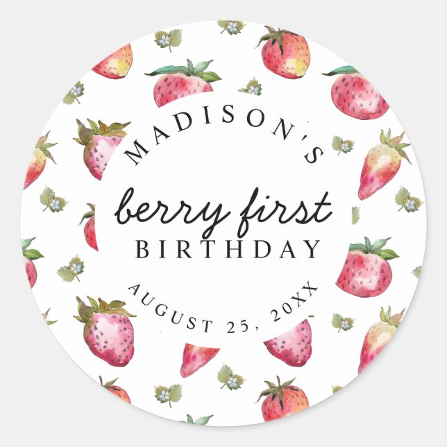 Sticker Rond Fraise 1er Anniversaire Fête Berry First Sweet (Devant)