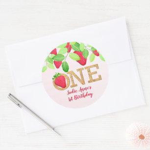 Sticker Rond Fraise 1er Anniversaire Fille Rouge Rustique
