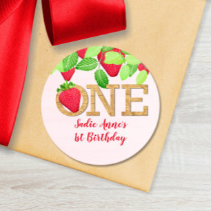 Sticker Rond Fraise 1er Anniversaire Fille Rustique Berry Sweet
