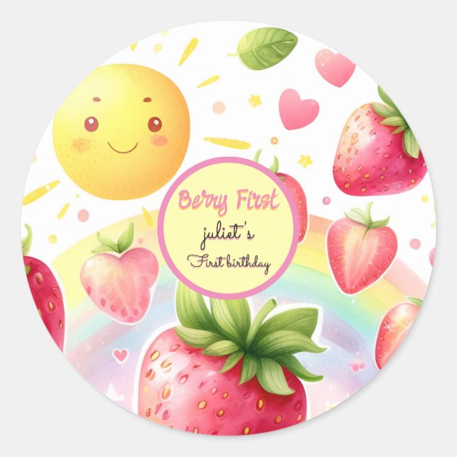 Sticker Rond fraise arc-en-ciel baies 1er anniversaire (Devant)