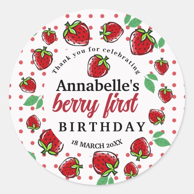Sticker Rond Fraise Berry 1ère fête d'anniversaire (Devant)