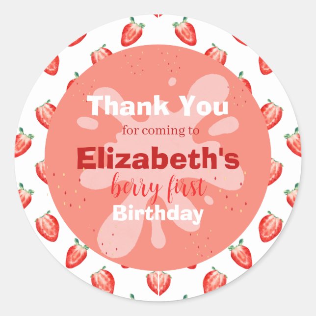 Sticker Rond Fraise Berry Invitation d'un premier anniversaire (Devant)