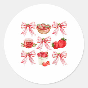 Sticker Rond Fraise Coquette Bow Strawberries Festival Fille