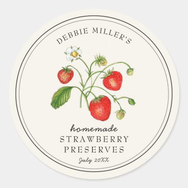 Sticker Rond Fraise de style vintage sur pot de confiture blanc (Devant)