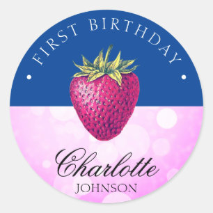 Sticker Rond Fraise fête d'anniversaire fille rose et bleu fonc