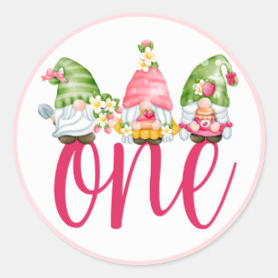 Sticker Rond Fraise Gnome Garden Baby Girl's 1st Birthday C