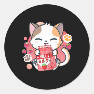 Sticker Rond Fraise Lait Chat Kawaii Anime Neko Cadeau Filles T