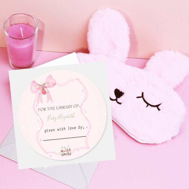 Sticker Rond Fraise, Oie, Bow Frame Pois Baby shower (Créateur téléchargé)