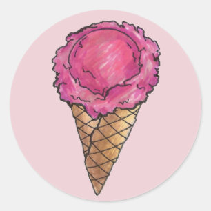 Sticker Rond Fraise rose crème glacée gaufre cône Scoop Foin