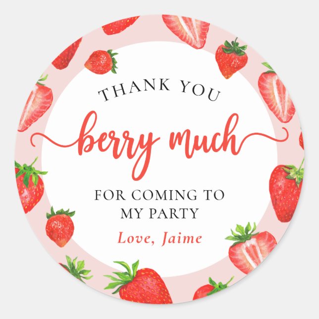 Sticker Rond Fraise rose Fille Anniversaire Merci Berry beaucou (Devant)