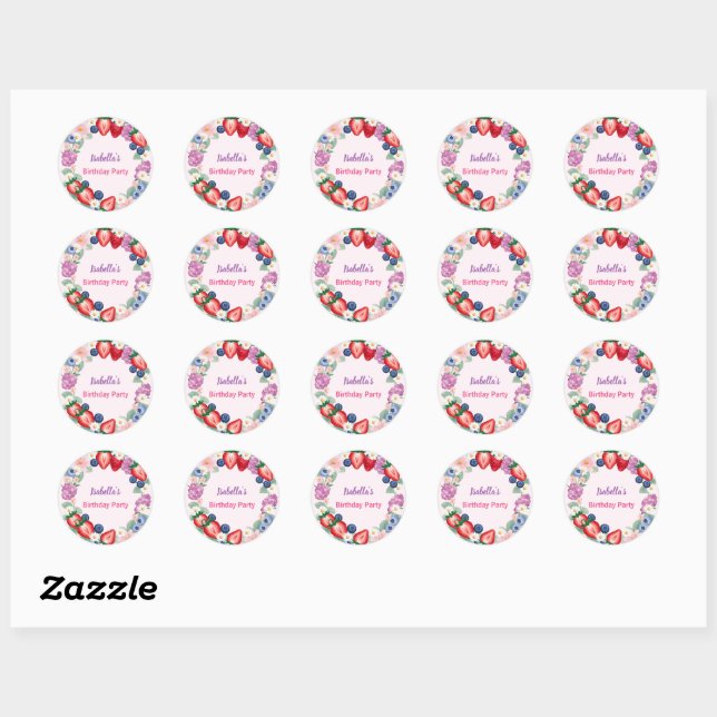 Sticker Rond Fraise rouge rose fête d'anniversaire pour enfants (Feuille)