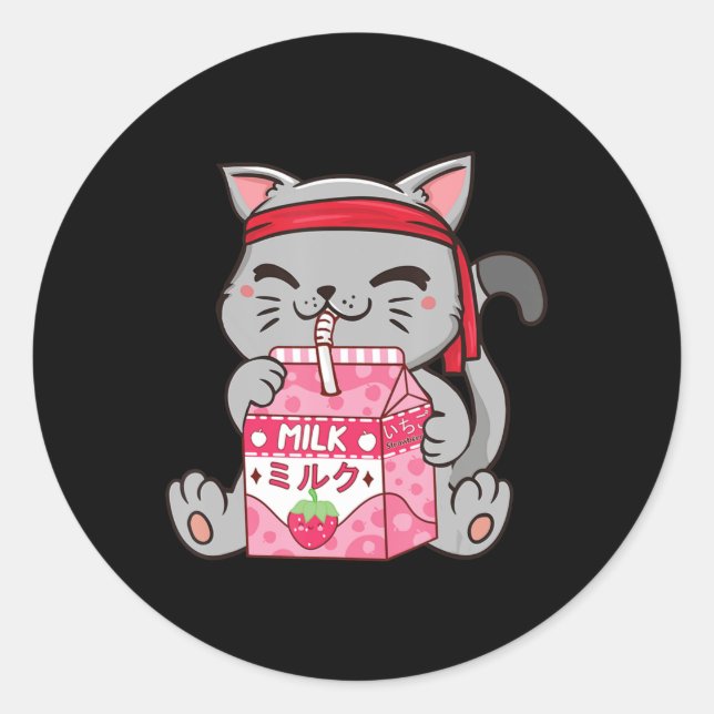 Sticker Rond Fraise Shake fraise Lait Chat Kawaii Neko A (Devant)