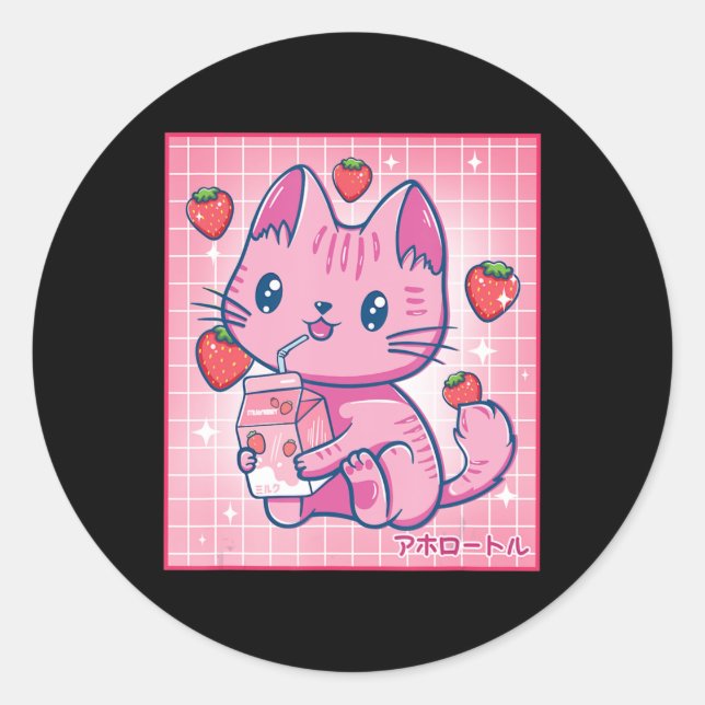 Sticker Rond Fraise Shake fraise Lait Chat Kawaii Neko G (Devant)