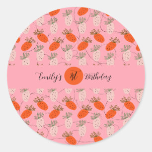 Sticker Rond Fraises blanc rose Doodle Anniversaire