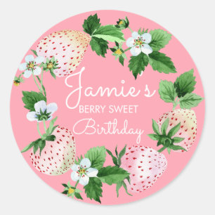 Sticker Rond Fraises d'aquarelle Blanc Première fête d'annivers