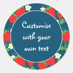 Sticker Rond Fraises et Fleurs Bleu Texte personnalisé