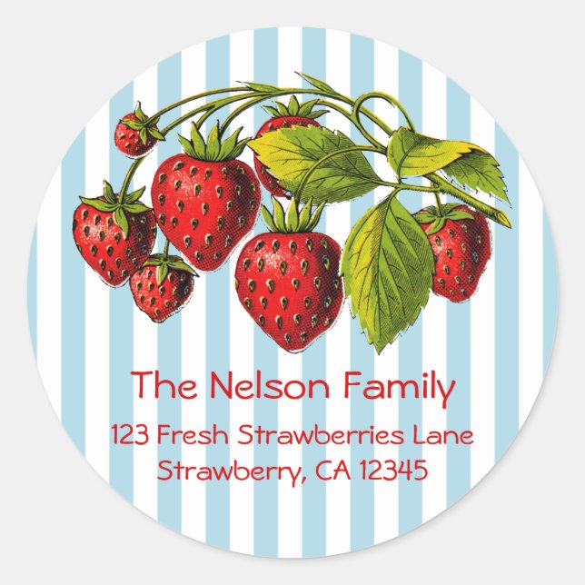 Sticker Rond Fraises fraîches rayures bleues (Devant)