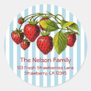 Sticker Rond Fraises fraîches rayures bleues